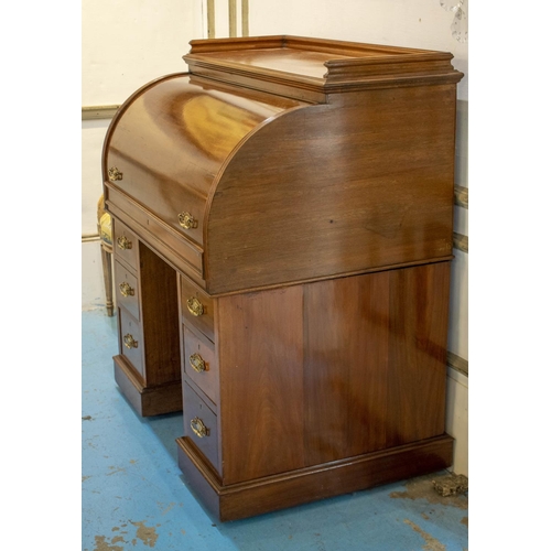 174 - CYLINDER DESK, 102cm H x 107cm W x 70cm D, Victorian walnut with fitted interior, pull out leather l... 