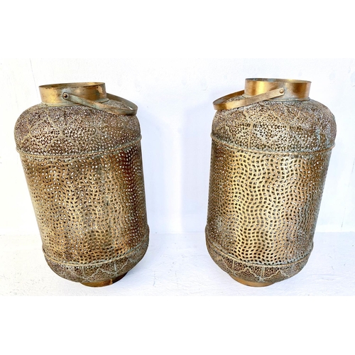 350 - STORM LANTERNS, a pair, Oriental style, gilt metal, glass inserts, 70cm high, 35cm diam. (2)