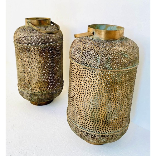 350 - STORM LANTERNS, a pair, Oriental style, gilt metal, glass inserts, 70cm high, 35cm diam. (2)