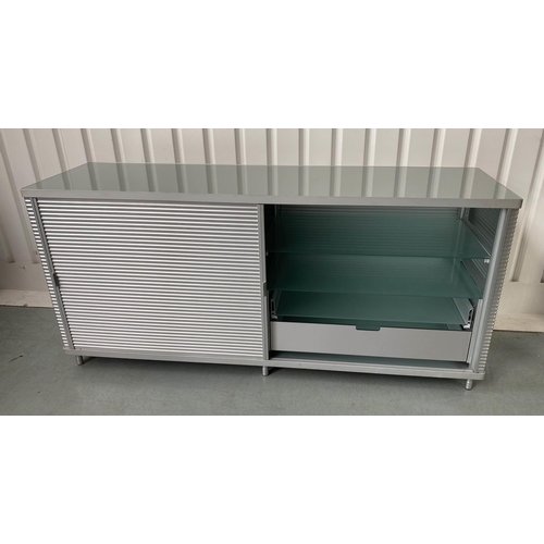 426 - YCAMI CABINET, corrugated aluminium with two sliding drawers, enclosing drawers and shelves, 190cm W... 