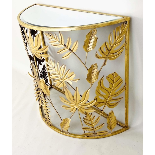 428 - DEMI LUNE CONSOLE TABLE, 68cm H x 78cm W x 31cm D, gilt metal with foliate design, mirrored top.