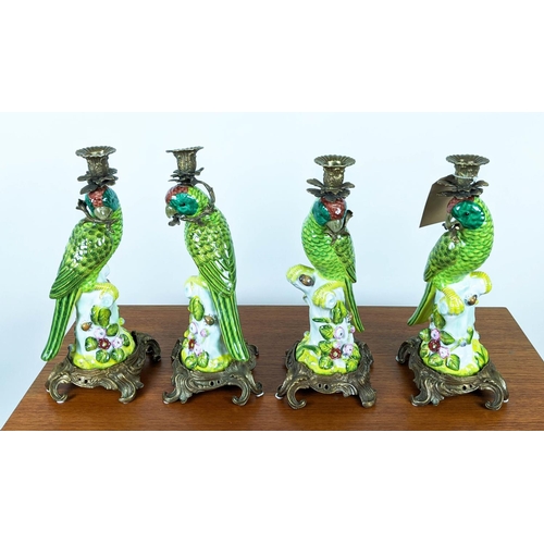 211 - CANDELABRA, a set of four, in the form of parrots, glazed ceramic with gilt mounts, 35.5cm H each. (... 