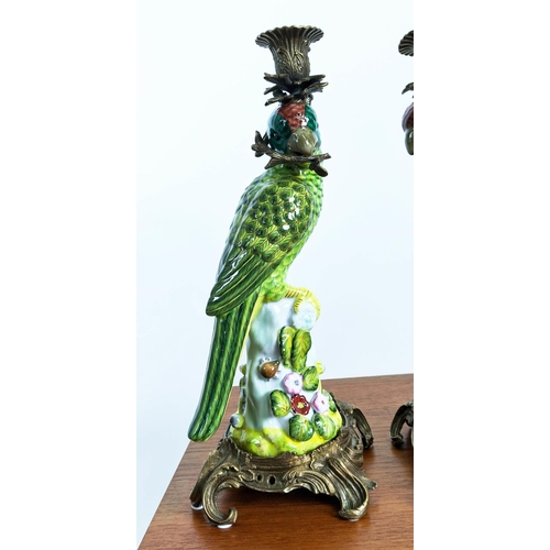 211 - CANDELABRA, a set of four, in the form of parrots, glazed ceramic with gilt mounts, 35.5cm H each. (... 