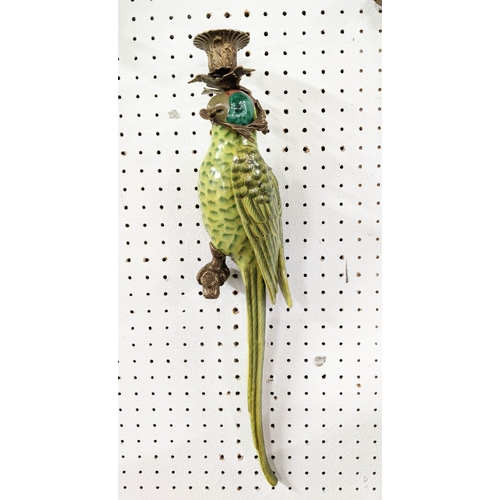 218 - WALL SCONCES, a pair, in the form of parrots, glazed ceramic, gilt mounts, 47cm L each. (2)