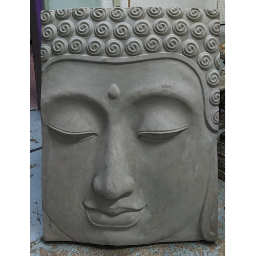 422 - CONTEMPORARY SCHOOL WALL RELIEF PLAQUE, the face of Buddha, painted resin, 113cm x 85cm.