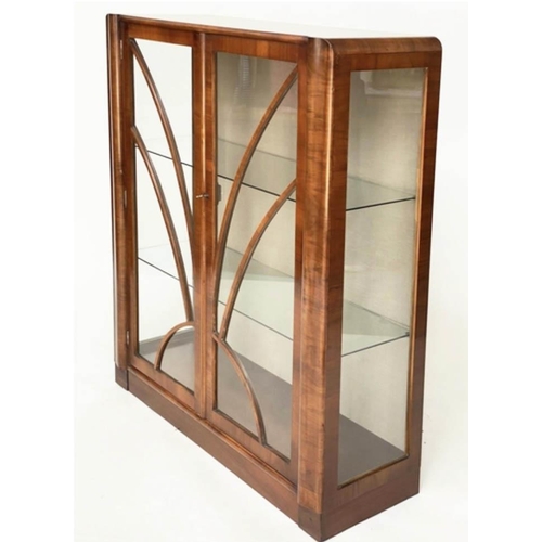 112 - ART DECO DISPLAY CASE, early 20th century figured walnut with two glass panelled doors, sides and sh... 