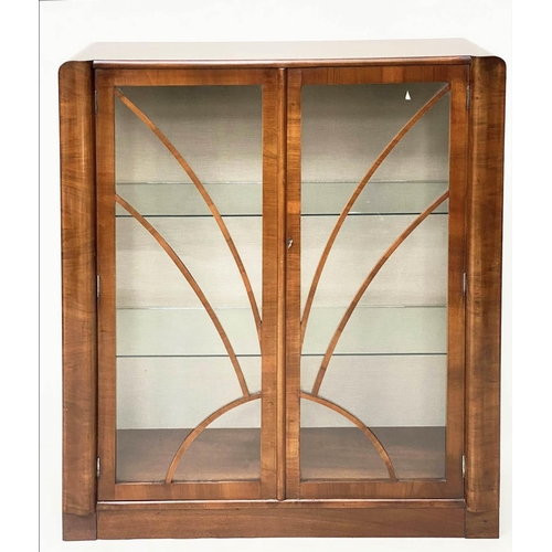 112 - ART DECO DISPLAY CASE, early 20th century figured walnut with two glass panelled doors, sides and sh... 