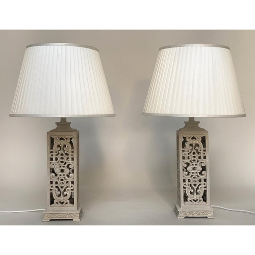 120 - TABLE LAMPS, a pair, grey painted pierced bases with shades, 60cm H. (2)