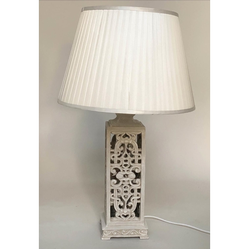 120 - TABLE LAMPS, a pair, grey painted pierced bases with shades, 60cm H. (2)