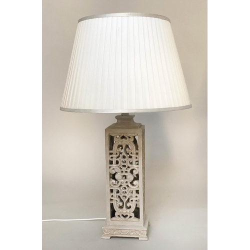 120 - TABLE LAMPS, a pair, grey painted pierced bases with shades, 60cm H. (2)