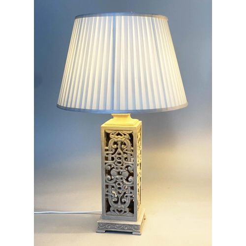 120 - TABLE LAMPS, a pair, grey painted pierced bases with shades, 60cm H. (2)