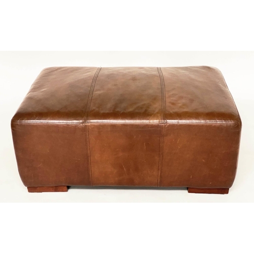 119 - LEATHER HEARTH STOOL, stitched mid brown leather. 38cm H x 62cm x 92cm.