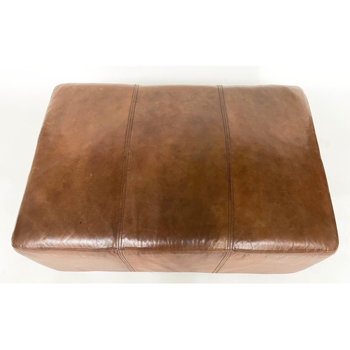 119 - LEATHER HEARTH STOOL, stitched mid brown leather. 38cm H x 62cm x 92cm.