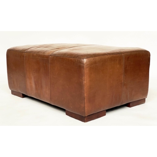 119 - LEATHER HEARTH STOOL, stitched mid brown leather. 38cm H x 62cm x 92cm.