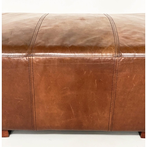 119 - LEATHER HEARTH STOOL, stitched mid brown leather. 38cm H x 62cm x 92cm.