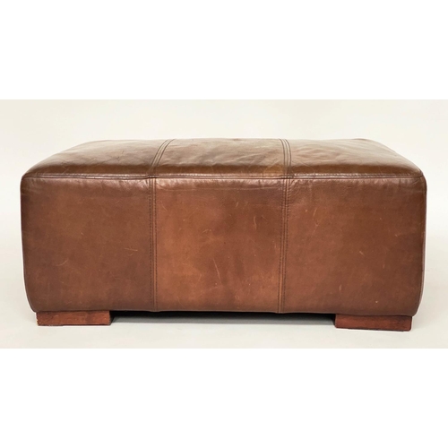 119 - LEATHER HEARTH STOOL, stitched mid brown leather. 38cm H x 62cm x 92cm.