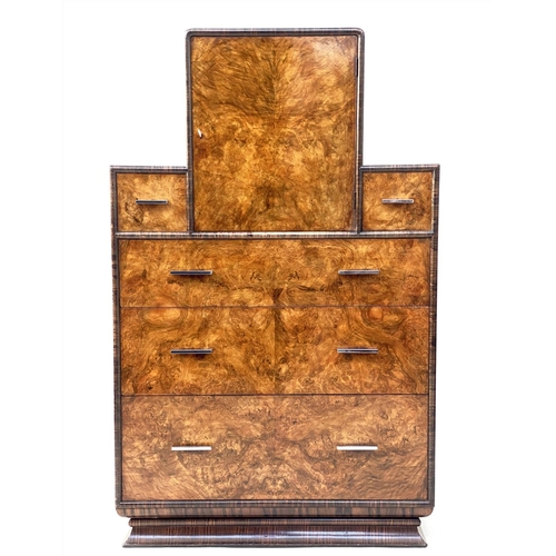 121 - ART DECO CABINET, 122cm H x 76cm W x 51cm D, 1930's burr walnut with cupboard above five drawers.