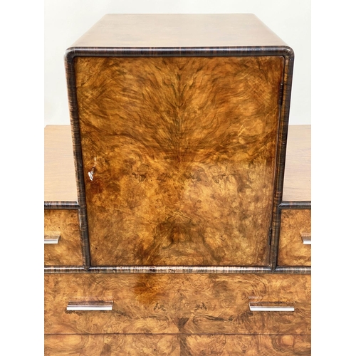 121 - ART DECO CABINET, 122cm H x 76cm W x 51cm D, 1930's burr walnut with cupboard above five drawers.