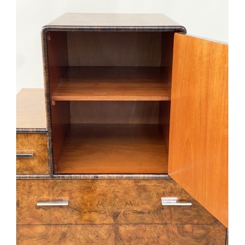 121 - ART DECO CABINET, 122cm H x 76cm W x 51cm D, 1930's burr walnut with cupboard above five drawers.