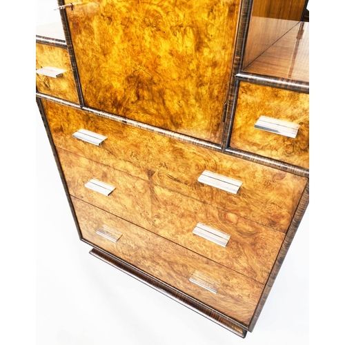 121 - ART DECO CABINET, 122cm H x 76cm W x 51cm D, 1930's burr walnut with cupboard above five drawers.