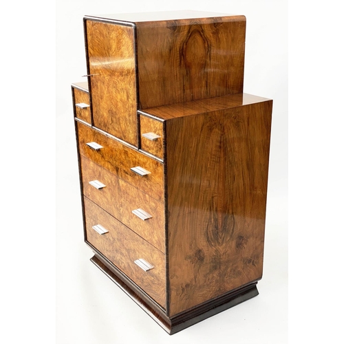 121 - ART DECO CABINET, 122cm H x 76cm W x 51cm D, 1930's burr walnut with cupboard above five drawers.