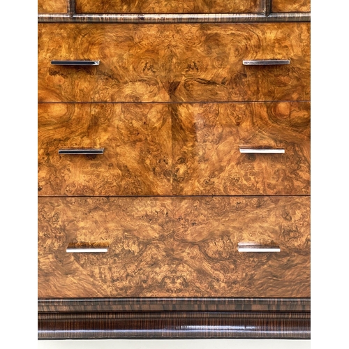 121 - ART DECO CABINET, 122cm H x 76cm W x 51cm D, 1930's burr walnut with cupboard above five drawers.