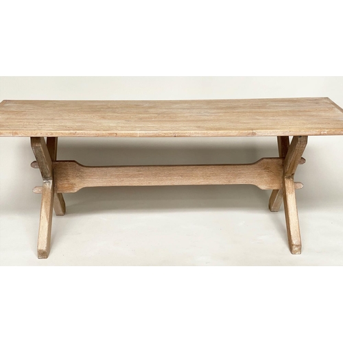 122 - FARMHOUSE TABLE, 18th century style limed and bleached oak with X trestle and shaped stretcher, the ... 