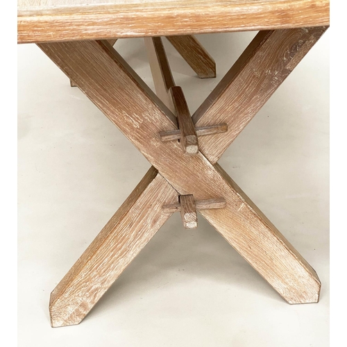 122 - FARMHOUSE TABLE, 18th century style limed and bleached oak with X trestle and shaped stretcher, the ... 