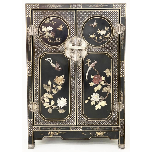 110 - SIDE CABINET, early 20th century lacquered and gilt Chinoiserie decorated and mounted with two panel... 