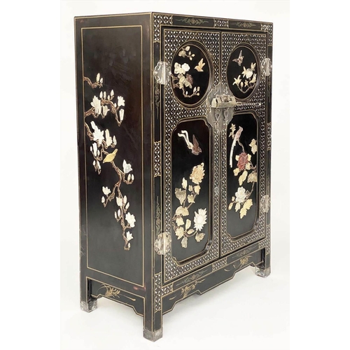 110 - SIDE CABINET, early 20th century lacquered and gilt Chinoiserie decorated and mounted with two panel... 