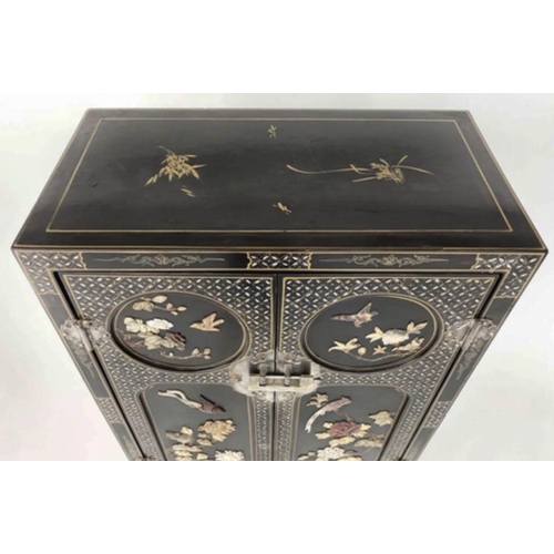 110 - SIDE CABINET, early 20th century lacquered and gilt Chinoiserie decorated and mounted with two panel... 