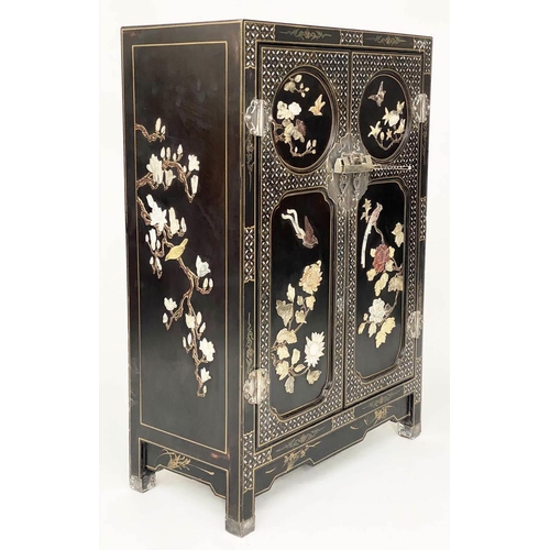 110 - SIDE CABINET, early 20th century lacquered and gilt Chinoiserie decorated and mounted with two panel... 