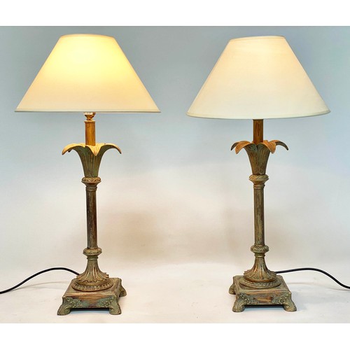 296 - PALM TABLE LAMPS, a pair, verdigris copper with reeded columns and footed plinths, 68cm H. (2)