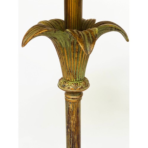 296 - PALM TABLE LAMPS, a pair, verdigris copper with reeded columns and footed plinths, 68cm H. (2)