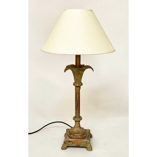 296 - PALM TABLE LAMPS, a pair, verdigris copper with reeded columns and footed plinths, 68cm H. (2)