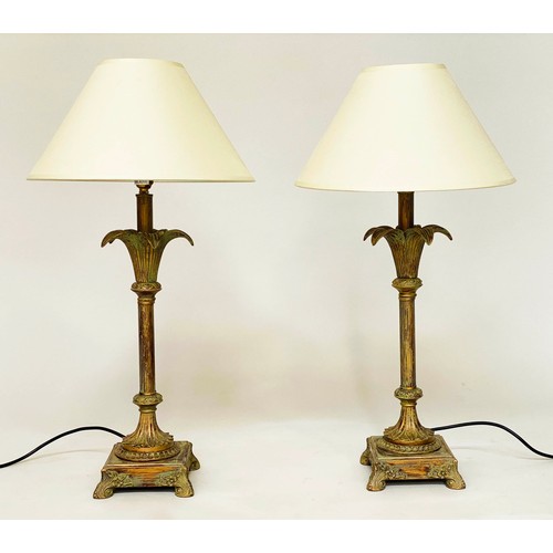 296 - PALM TABLE LAMPS, a pair, verdigris copper with reeded columns and footed plinths, 68cm H. (2)