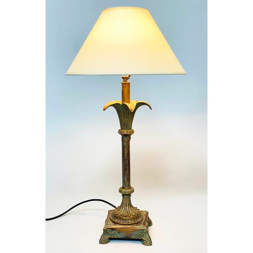 296 - PALM TABLE LAMPS, a pair, verdigris copper with reeded columns and footed plinths, 68cm H. (2)