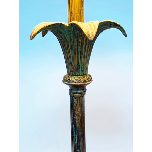 296 - PALM TABLE LAMPS, a pair, verdigris copper with reeded columns and footed plinths, 68cm H. (2)