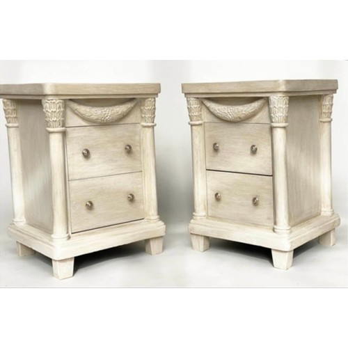 125 - BEDSIDE CHESTS, a pair, French Empire style, grey painted with swag detail and two drawers, 50cm x 4... 