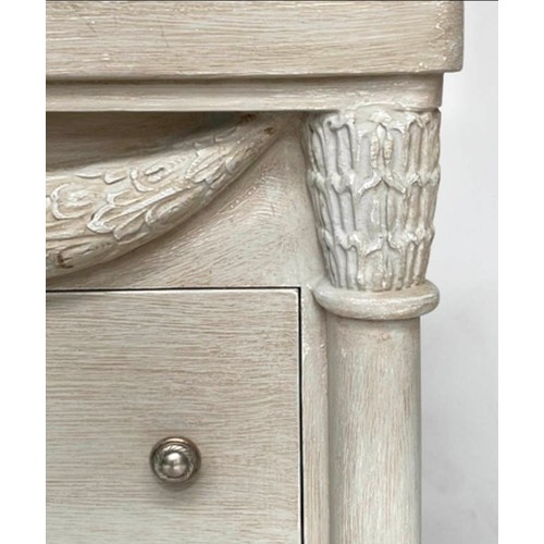 125 - BEDSIDE CHESTS, a pair, French Empire style, grey painted with swag detail and two drawers, 50cm x 4... 