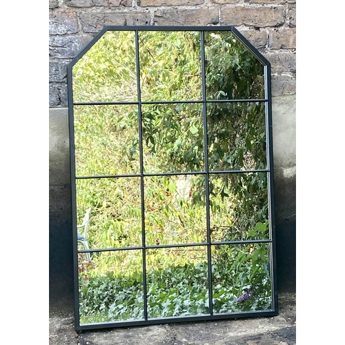 432 - ARCHITECTURAL GARDEN MIRRORS, a pair, 100cm high, 70cm wide, with applied glazing bars, canted tops,... 