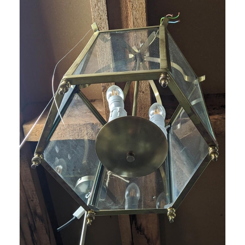 260 - HALL LANTERN, gilt metal and glazed, three branch light, 65cm H. (faults to finish)