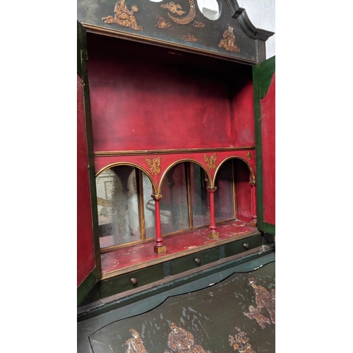 236 - BUREAU BOOKCASE, 113cm W x 223cm H x 60cm D, 20th century Continental green and gilt Chinoiserie dec... 