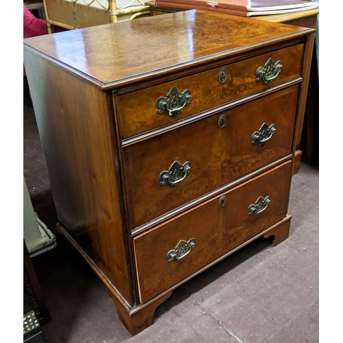 109 - CHEST, 55cm x 73cm x 82cm H, Georgian style with three drawers, in figured and crossbanded burr waln... 