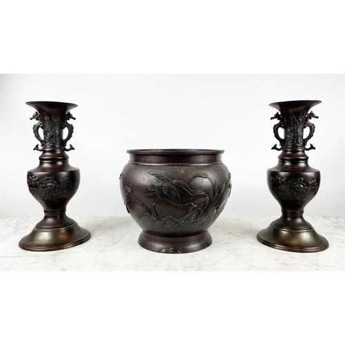 20 - JAPANESE BRONZE MEIJI STYLE VASES, and Jardiniere with bird, dragon and foliate decoration, 38cm H. ... 