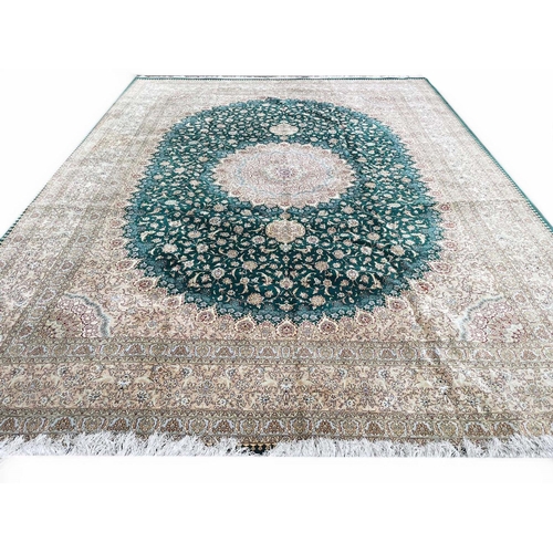 451 - EXTREMELY FINE PURE SILK PERSIAN QUM CARPET, 403cm x 302cm.