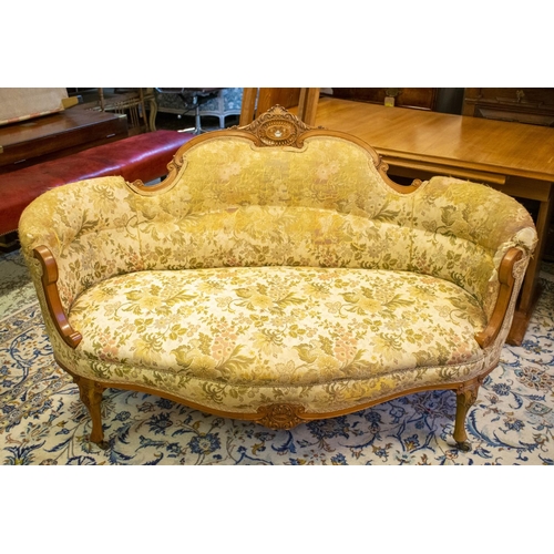 452 - SALON SUITE, circa 1890, maple and marquetry, comprising a sofa 91cm H x 150cm W, armchair 95cm H x ... 