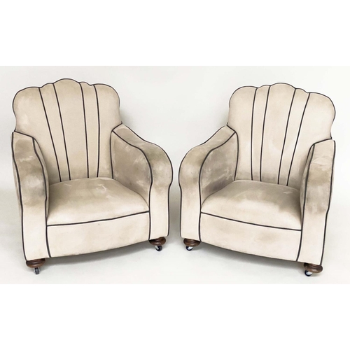 127 - ARMCHAIRS, a pair, Art Deco style and simulated suede fabric upholstered with 'cloud' backs, contras... 