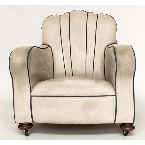 127 - ARMCHAIRS, a pair, Art Deco style and simulated suede fabric upholstered with 'cloud' backs, contras... 