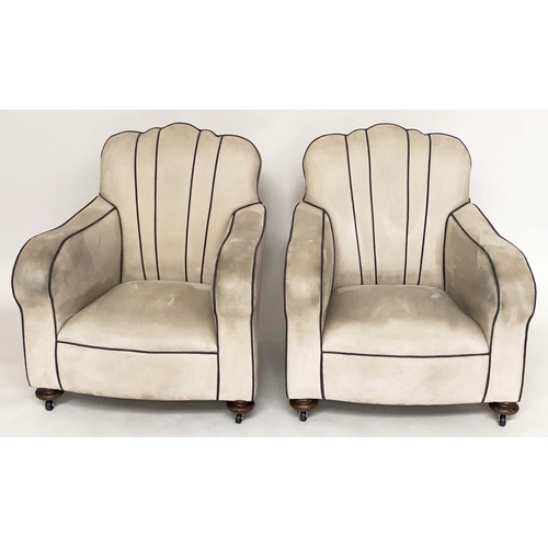 127 - ARMCHAIRS, a pair, Art Deco style and simulated suede fabric upholstered with 'cloud' backs, contras... 